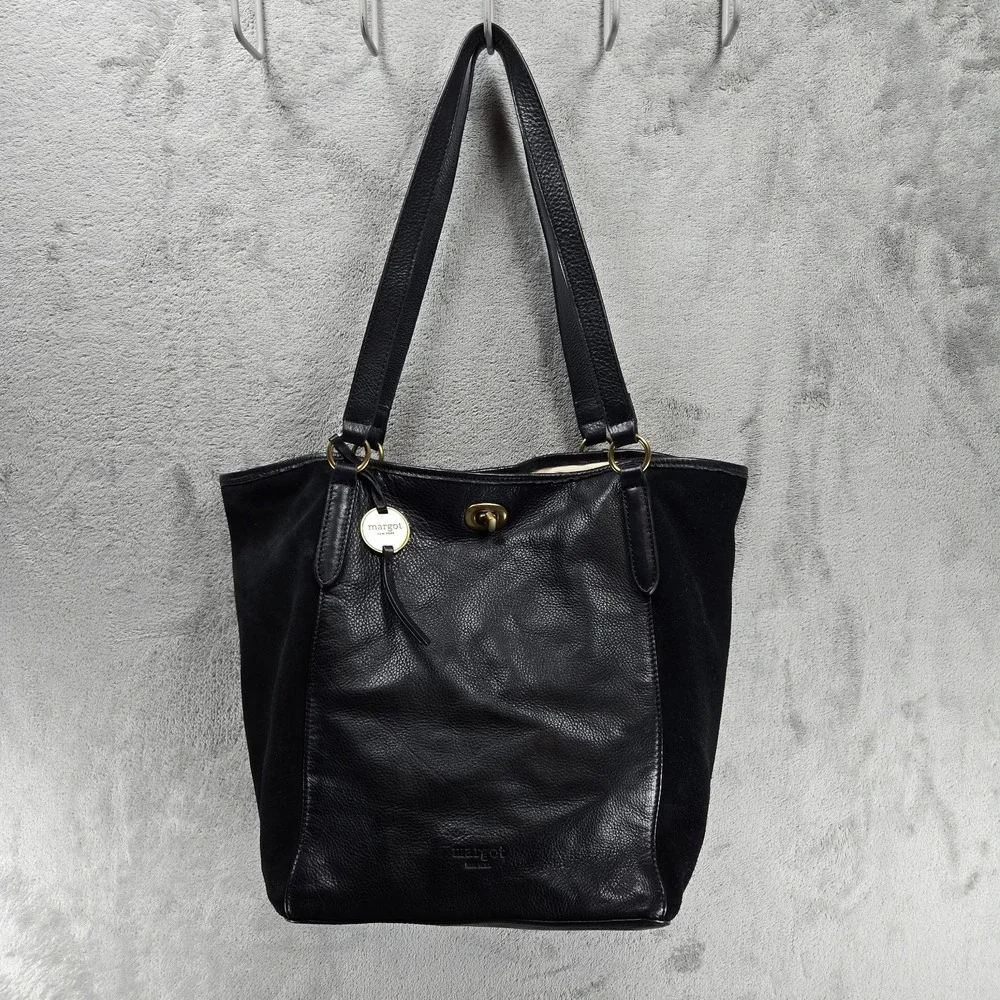 Margo New York Turnlock Hobo Tote Leather And Suede Lined Mixed Media Black